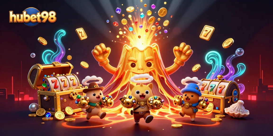 Join the excitement at hubet98 as a golden volcano erupts with treasures and dynamic slot reels.