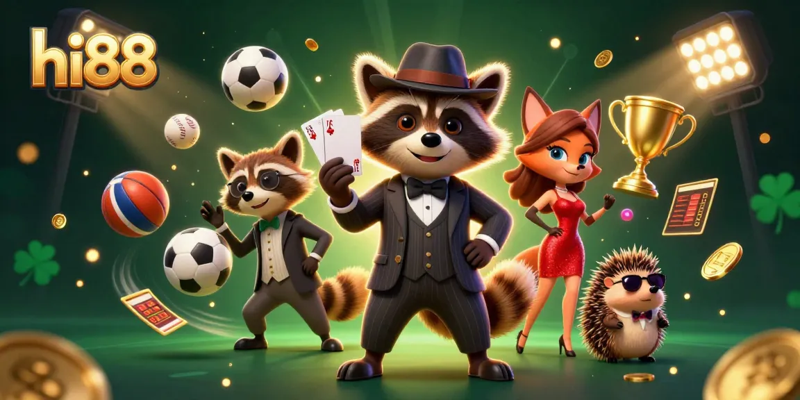 Bet confidently at hi88 with raccoon, fox, and hedgehog celebrating big wins in a vibrant casino.