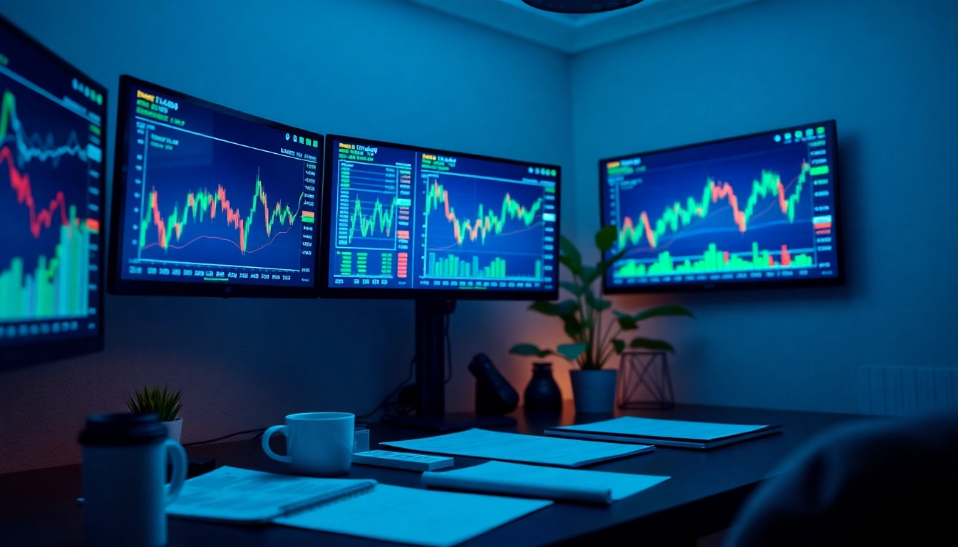 Krypto kurser displayed on digital trading screens in a modern office.