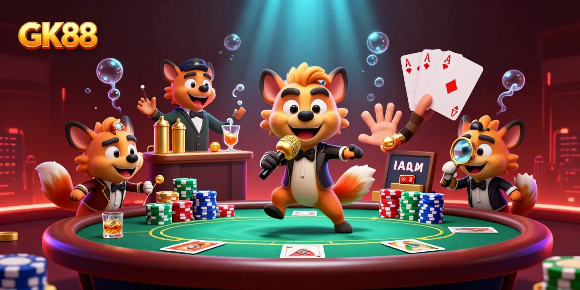 GK88 animated comedy casino scene with hyenas engaging in vibrant gaming activities.