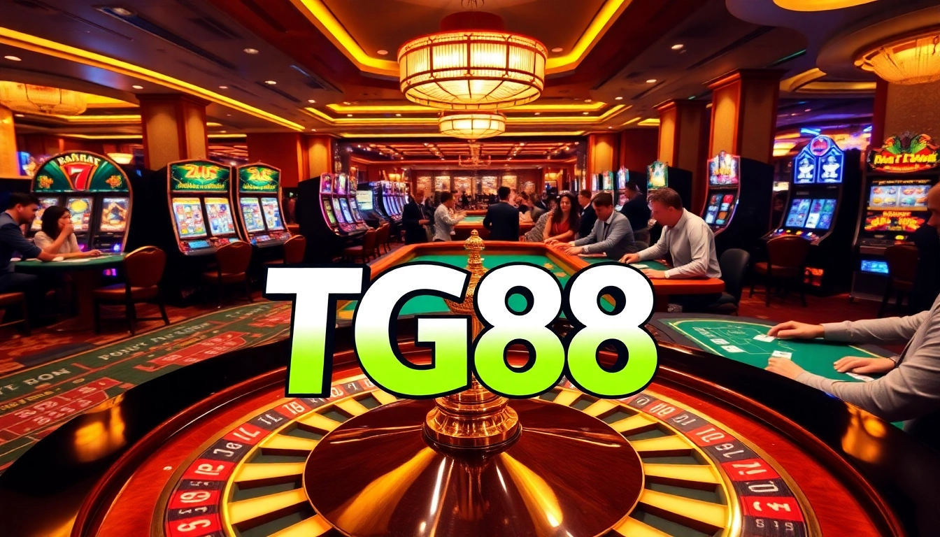 Players enjoying thrilling games at TG88 casino with vibrant tables and slot machines.