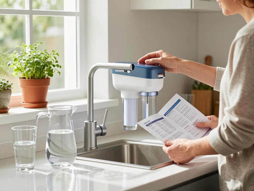 Person som installerar https://vattenfilterspecialisten.se/vattenfilter/ i ett modernt kök, omgiven av rent vatten och färska örter.