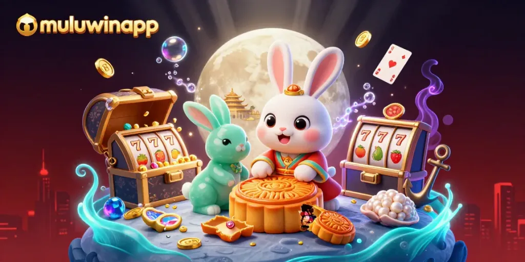 Experience the excitement of muluwinapp with a whimsical 3D scene featuring a moon rabbit and casino elements.