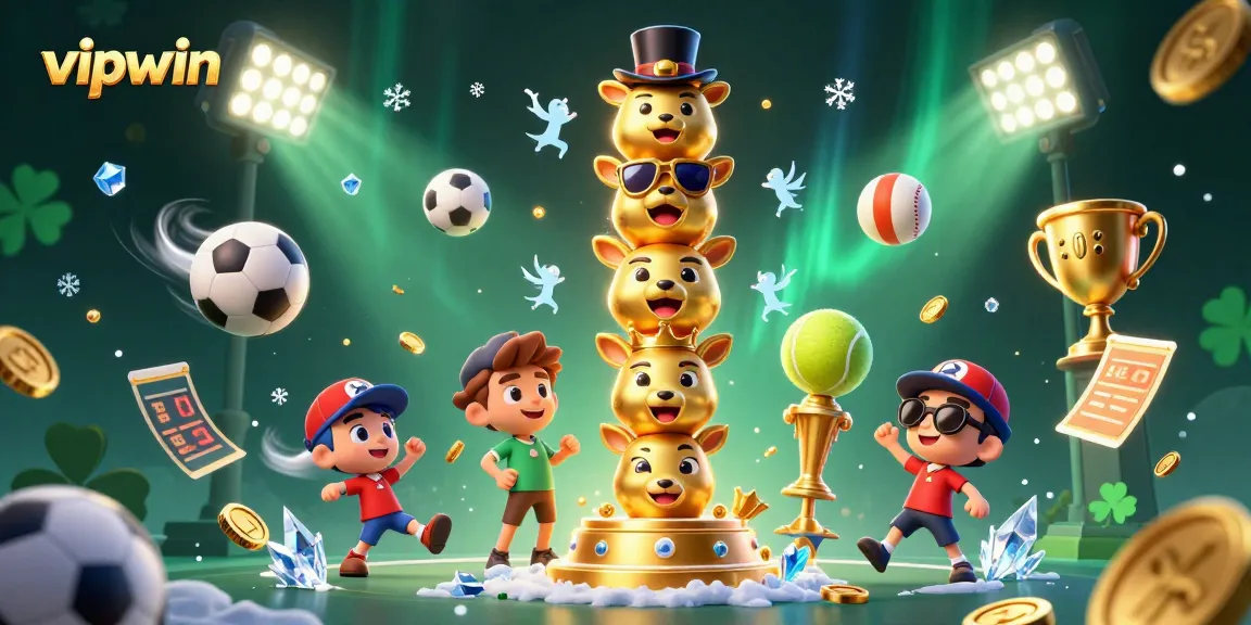 Join the excitement at vipwin with vibrant sports-themed casino elements and a playful golden totem pole.