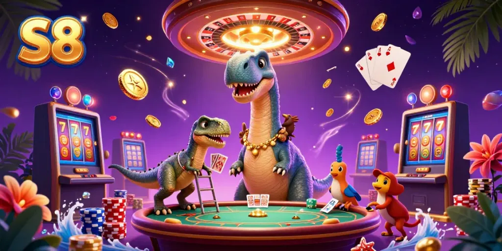 Engage in thrilling gaming at S8 featuring the unique casino illustration of a playful brontosaurus and clever raptor.