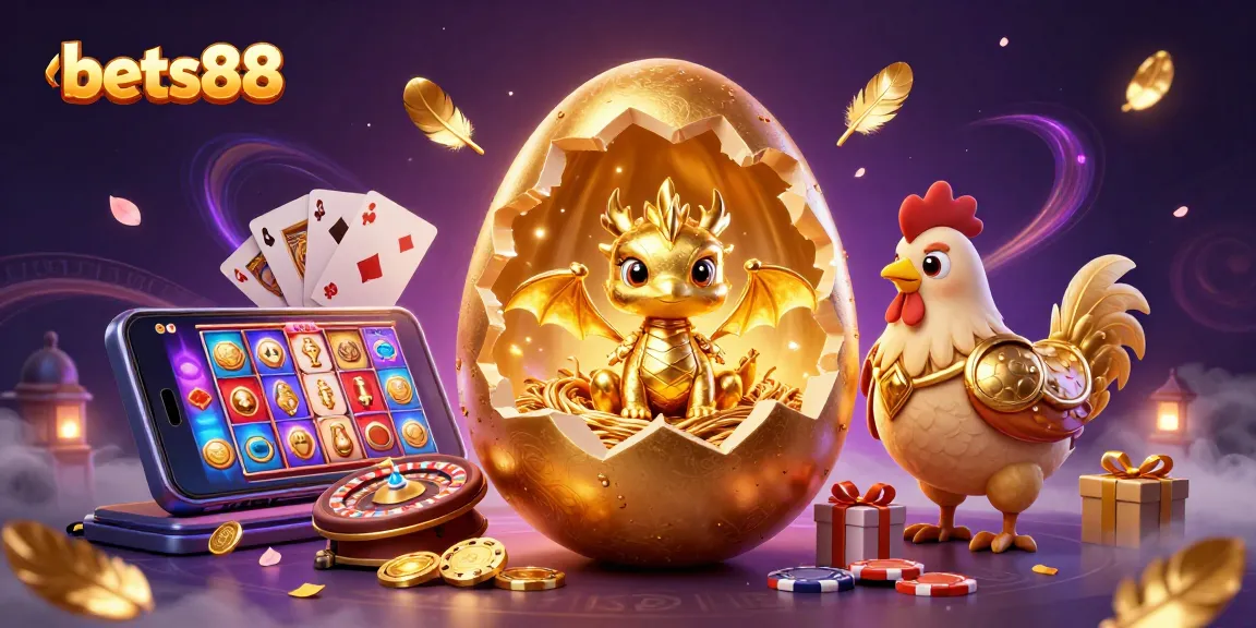 Experience vibrant wins at bets88 with a golden dragon revealing treasures amidst casino games.