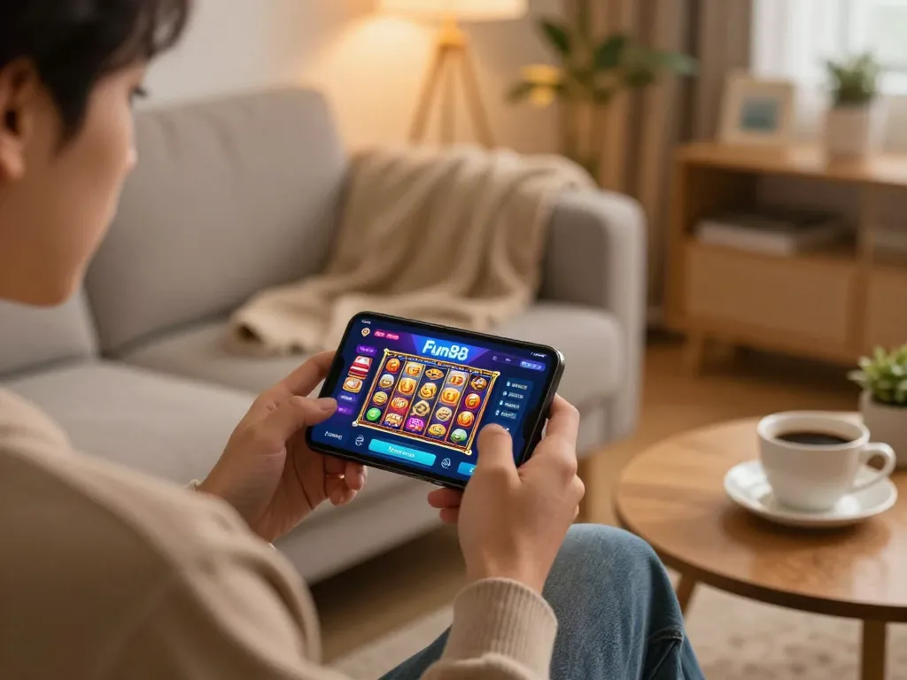 Engaged user playing slots on the Fun88 app in a cozy living room setting.
