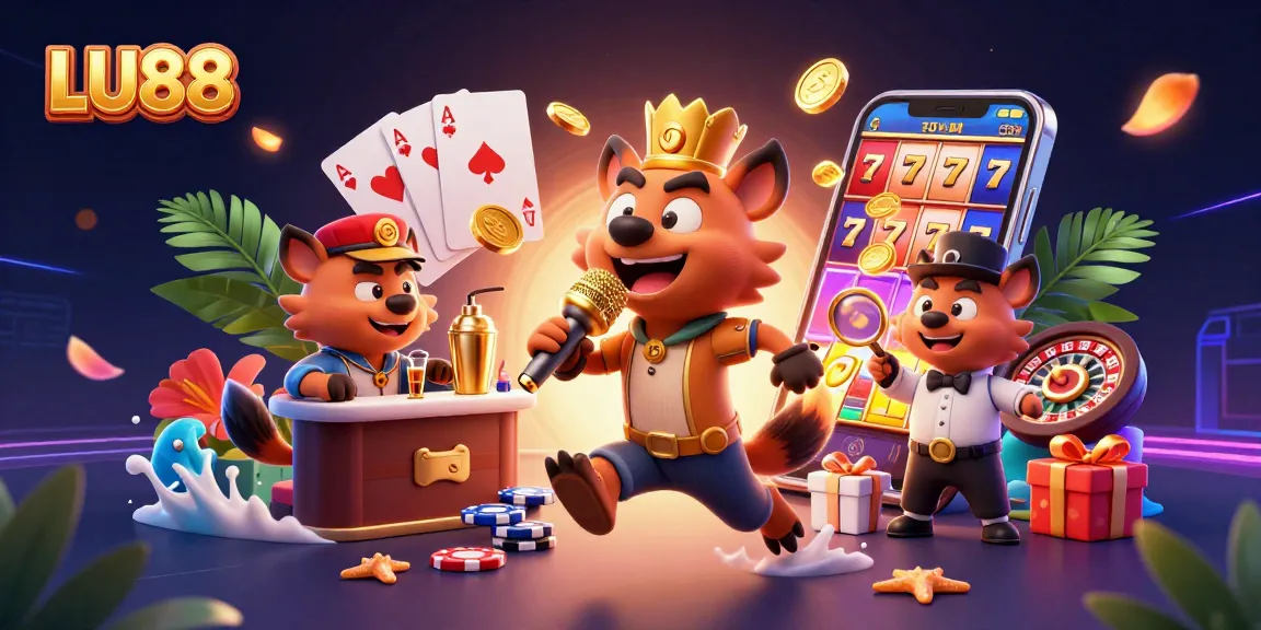 LU88 offers a vibrant casino scene with hyenas celebrating and engaging in exciting games around colorful slots.