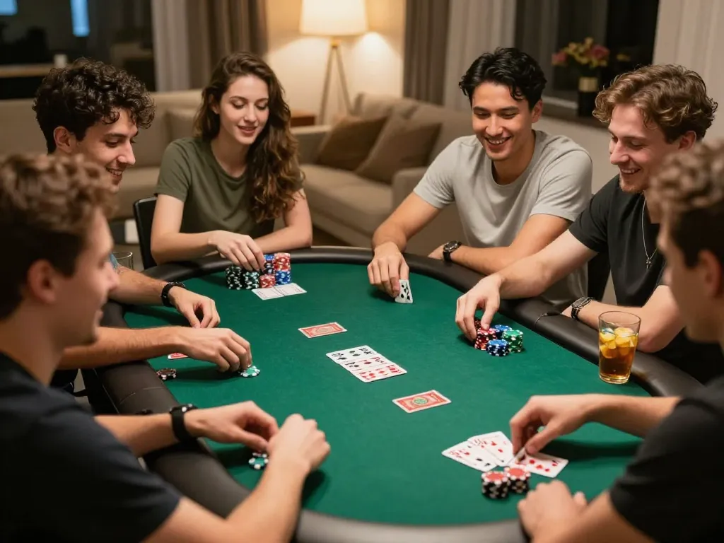Engagerande pokerspel hemma som visar online casino utan svensk licens i en vänlig atmosfär.