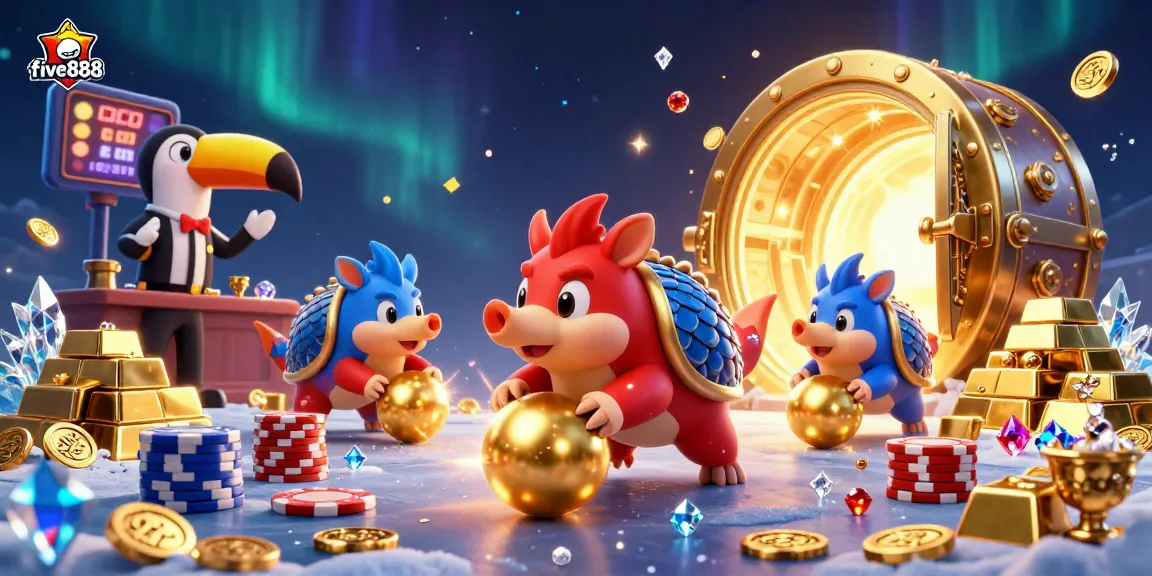 Rival pangolins in vibrant casino scene showcasing five888's thrilling gaming experience.