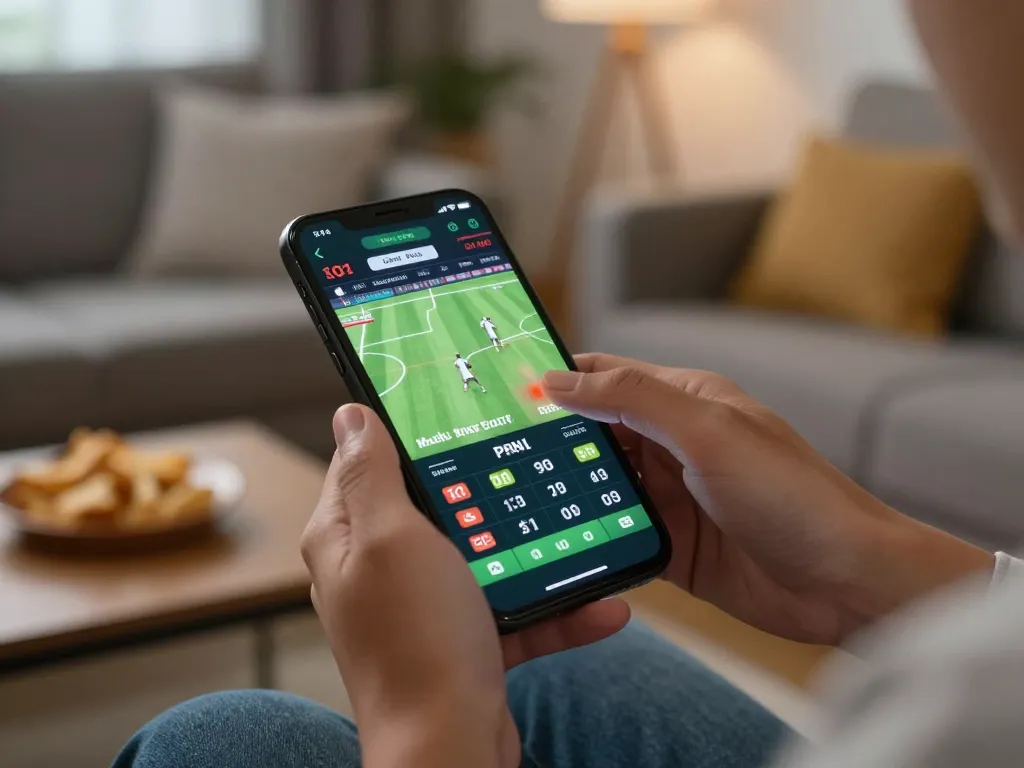 Placing a 9BET bet on a smartphone during an exciting sports event at home.