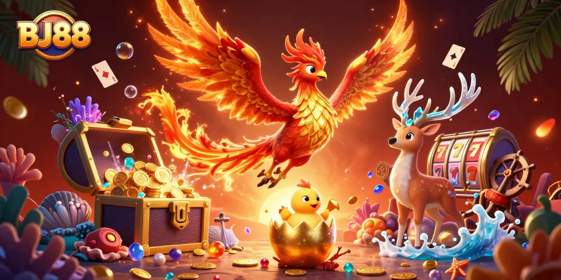 BJ88 casino game adventure featuring a majestic phoenix and mystical stag in a vibrant gaming scene