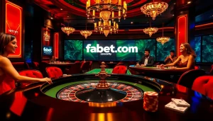 The thrilling gameplay experience at https://fabet.cn.com/ showcased with roulette, poker chips, and joyful players.