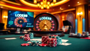 Enter the thrilling world of online gambling at https://lode88.ae/ with vibrant poker chips and an exciting roulette wheel.